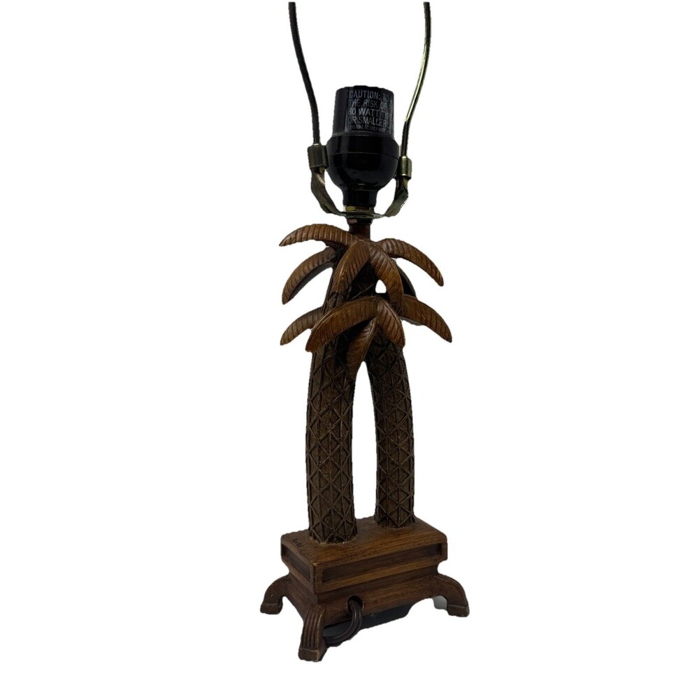 VTG 90’s Hampton Bay Safari Palm Tree Table Lamp Wood Base Tropical Island Beach